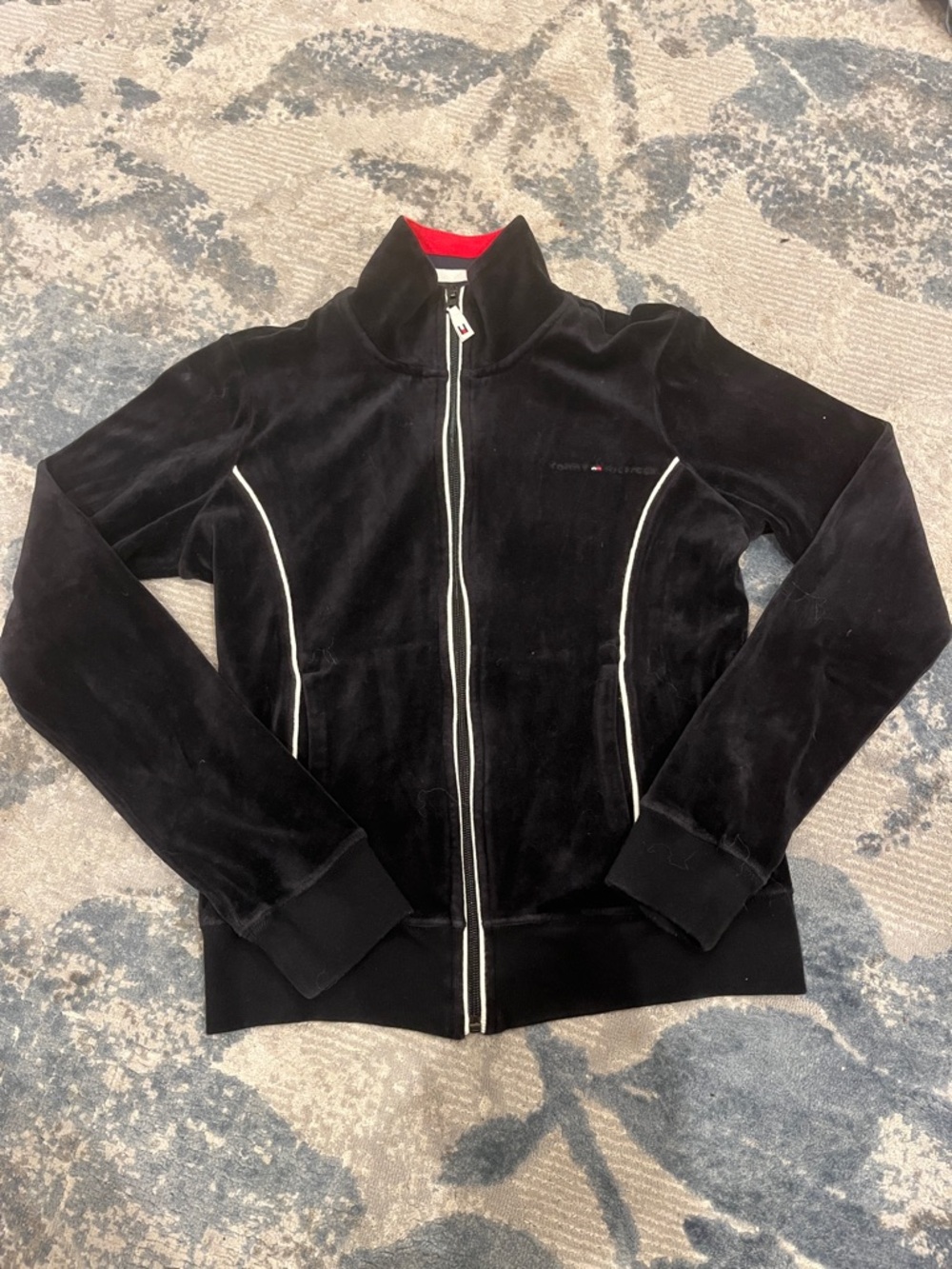 Vintage Tommy Hilfiger Black Velour Track Jacket with White and Red Accent